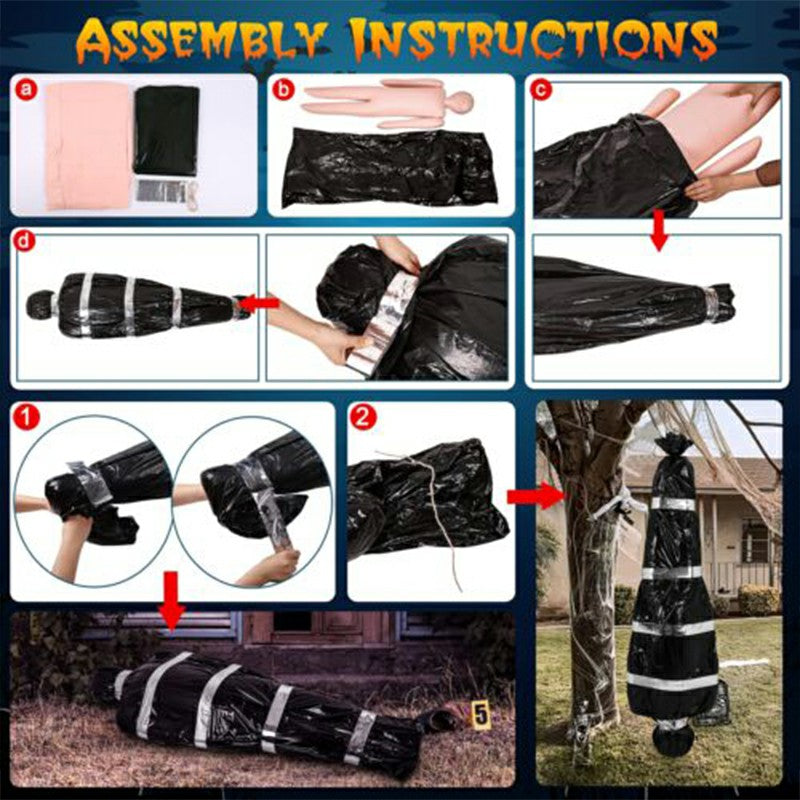 Package contents: black bags, inflatable body, rope, inflator and tape