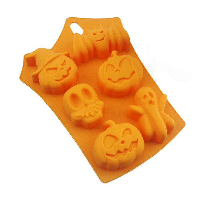 Halloween silicone mould angled view showing pumpkin witch ghost skull cavity detail