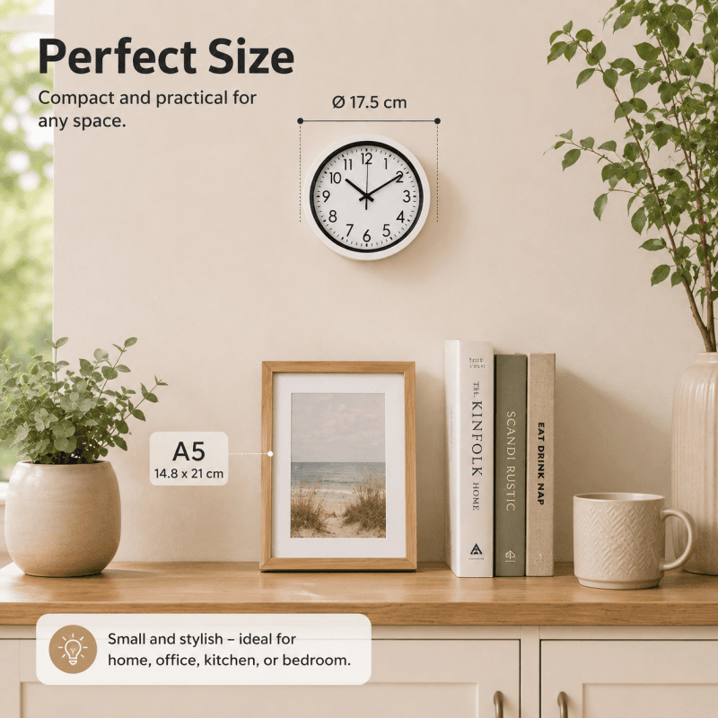 17.5cm White Wall Clock Silent Quartz Round Battery Operated Home Office Kitchen Clock - Birmingham Toys & More