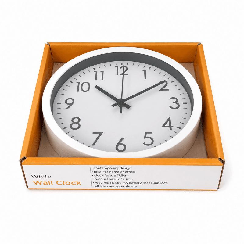 17.5cm White Wall Clock Silent Quartz Round Battery Operated Home Office Kitchen Clock - Birmingham Toys & More