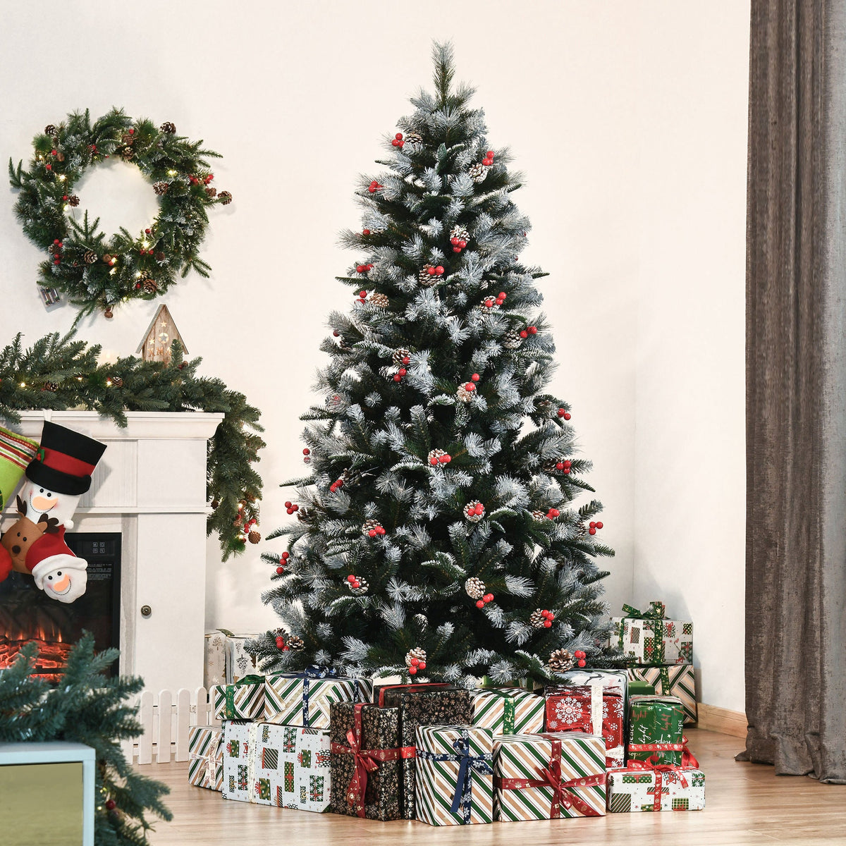 6FT Artificial Snow Dipped Christmas Tree Xmas Pencil Tree Holiday Home Party Decoration With Foldable Feet Red Berries White Pinecones, Green - Birmingham Toys & More