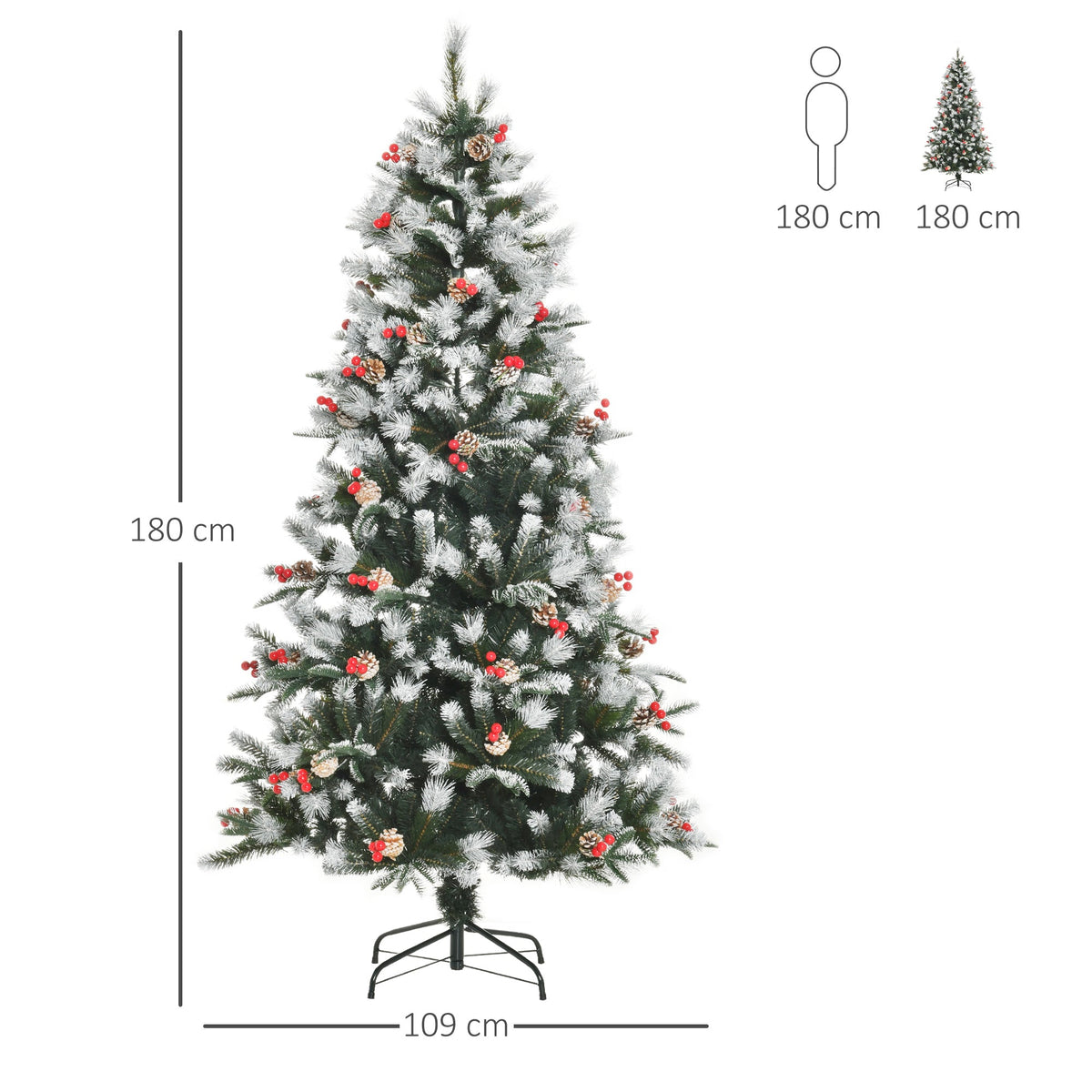 6FT Artificial Snow Dipped Christmas Tree Xmas Pencil Tree Holiday Home Party Decoration With Foldable Feet Red Berries White Pinecones, Green - Birmingham Toys & More