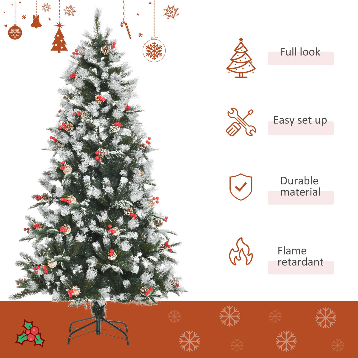 6FT Artificial Snow Dipped Christmas Tree Xmas Pencil Tree Holiday Home Party Decoration With Foldable Feet Red Berries White Pinecones, Green - Birmingham Toys & More