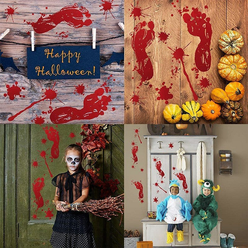 Halloween bloody footprint stickers on wooden surfaces with pumpkins and children in costumes