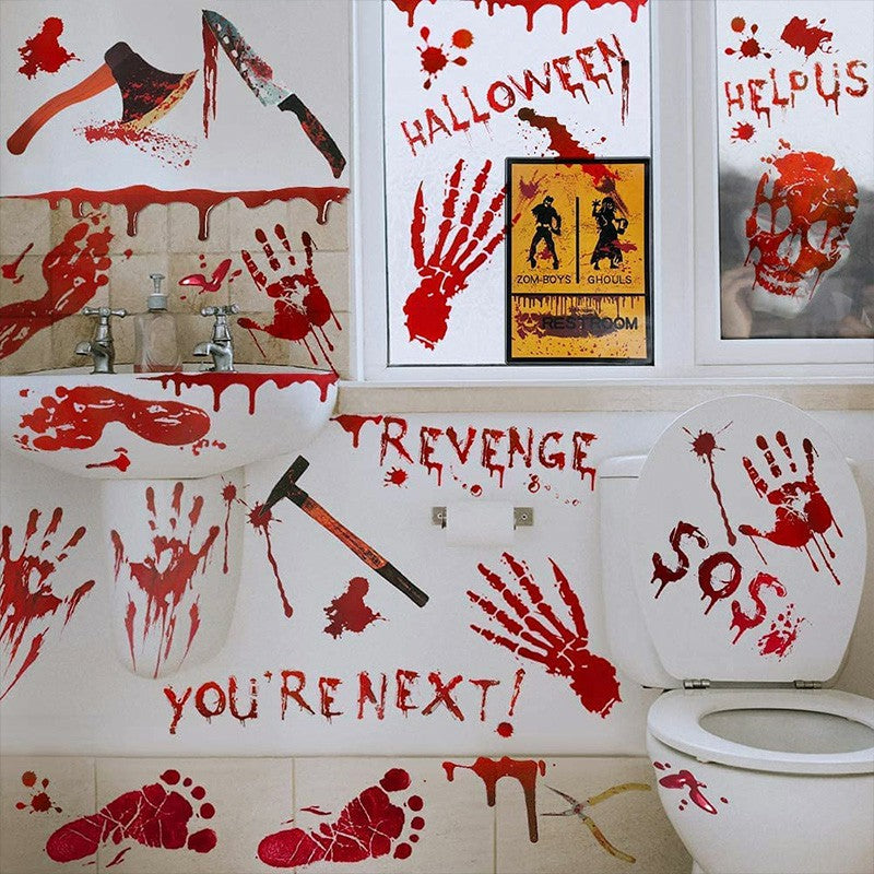 Halloween bloody stickers decorating bathroom with handprints, weapons and spooky text