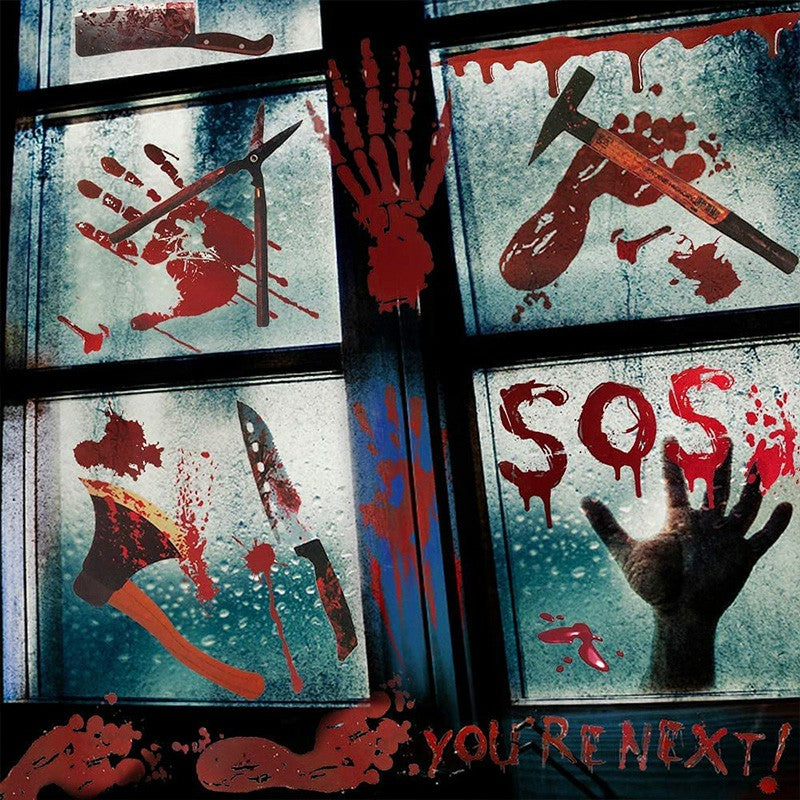 Halloween bloody window stickers with skeleton hands, axes, knives and SOS text on glass