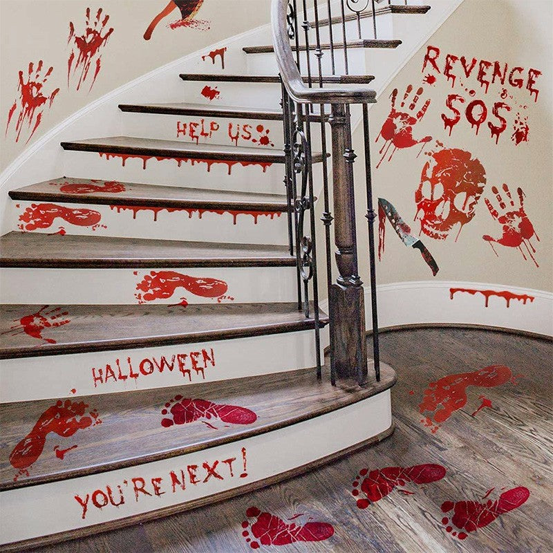 Halloween bloody handprint and footprint stickers on white staircase with spooky Halloween text