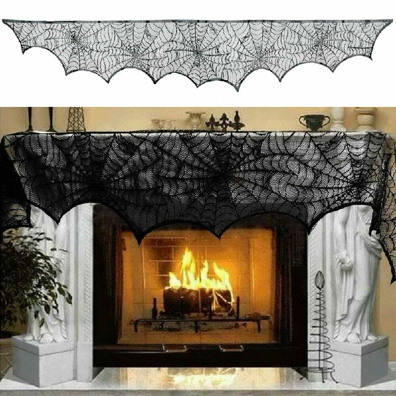 Black lace spiderweb Halloween mantle scarf product shot and lifestyle use on fireplace and door