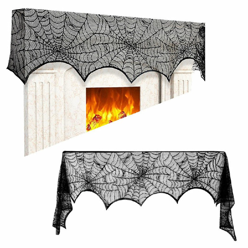 Halloween cobweb lace fireplace towel draped over mantle with candles and Halloween decor
