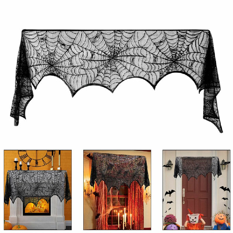 Large black lace spiderweb mantle scarf on elegant fireplace with candles and decor