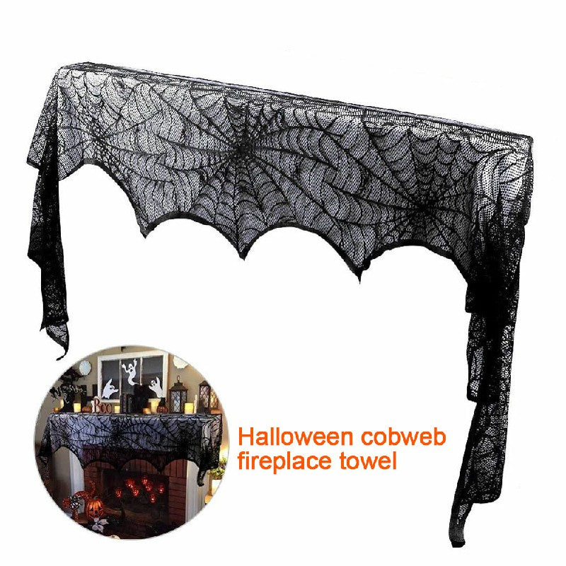 Halloween spiderweb lace scarf used as mantle runner, window drape and front door decoration collage
