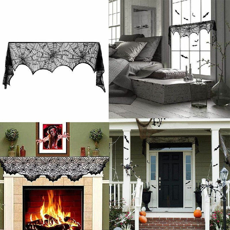 Black lace spiderweb mantle scarf product flat lay showing full 245cm length