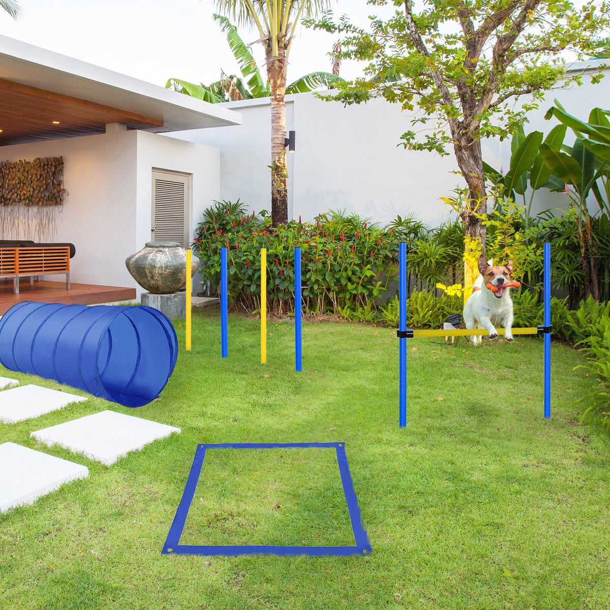 PawHut Pet Agility Training Equipment Dog Play Run Jump Obedience Training Set Adjustable (Poles + Hurdle + Tunnel + Pause Box) - Birmingham Toys & More